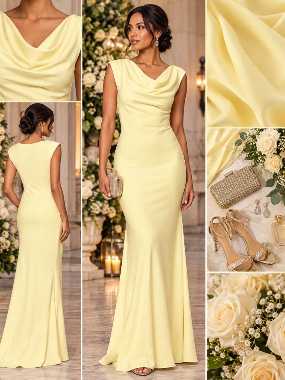Betsy & Adam Butter Yellow Cowl Neck Formal Evening Gown Size 4 NWT